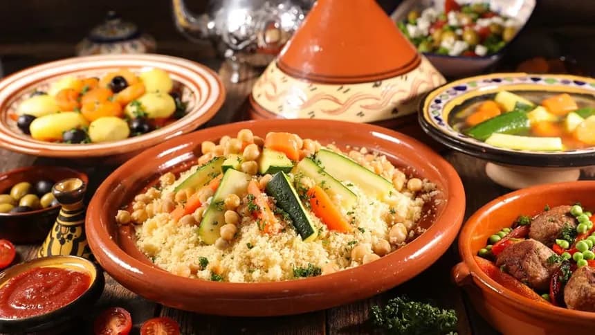 Table garnie de plats typiques algériens mettant en valeur la diversité des saveurs locales