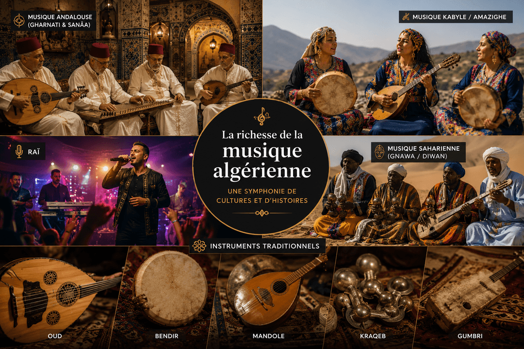Montage de musiques algériennes : andalouse, kabyle, raï et saharienne avec instruments traditionnels.