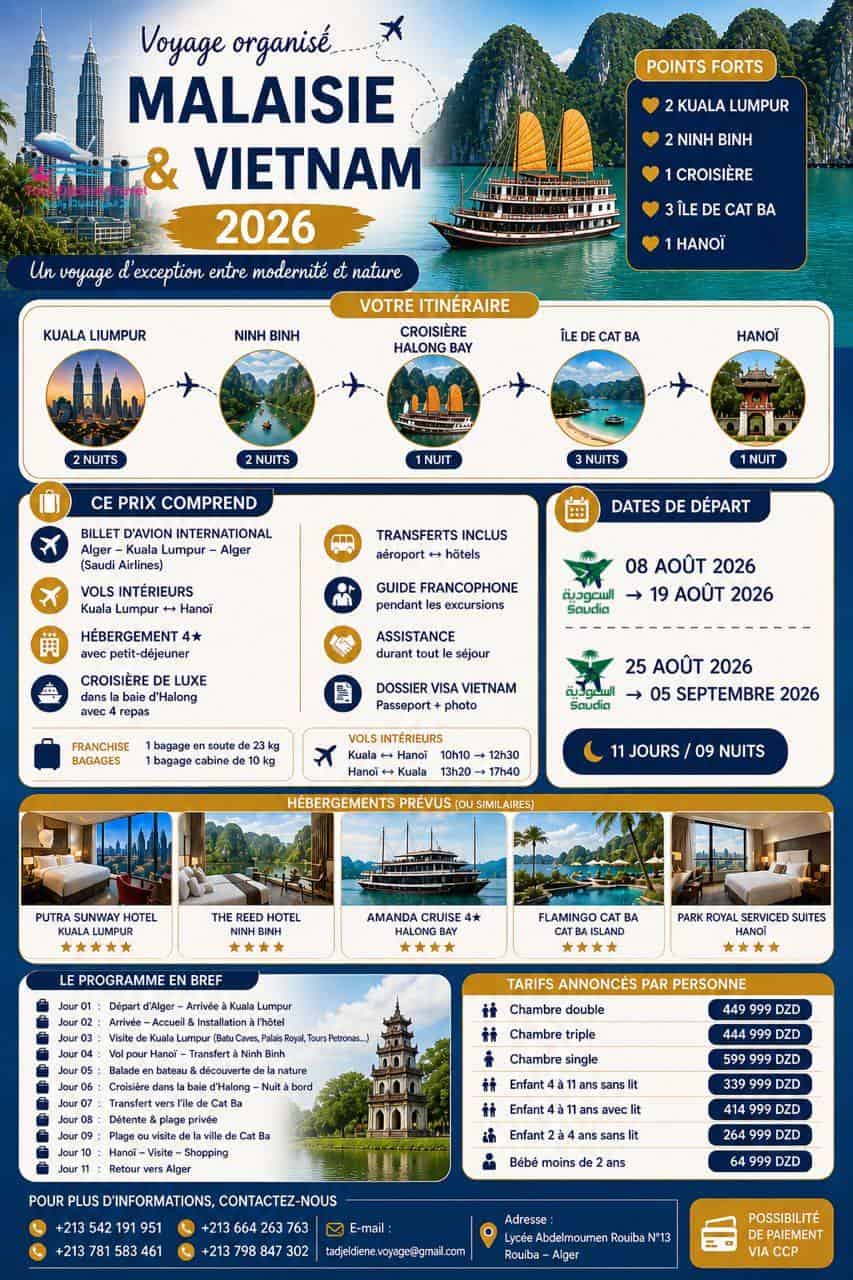 Voyage organisé : MALAISIE & VIETNAM 2026