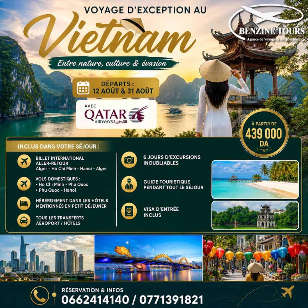 Vivez le Vietnam : Circuit Complet & Vols Inclus avec Qatar Airways À partir de 439 000 DA