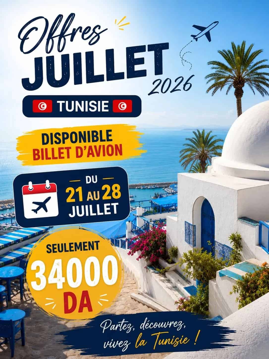 Offre spéciale Tunisie : Billet d'avion disponible du 21 au 28 juillet