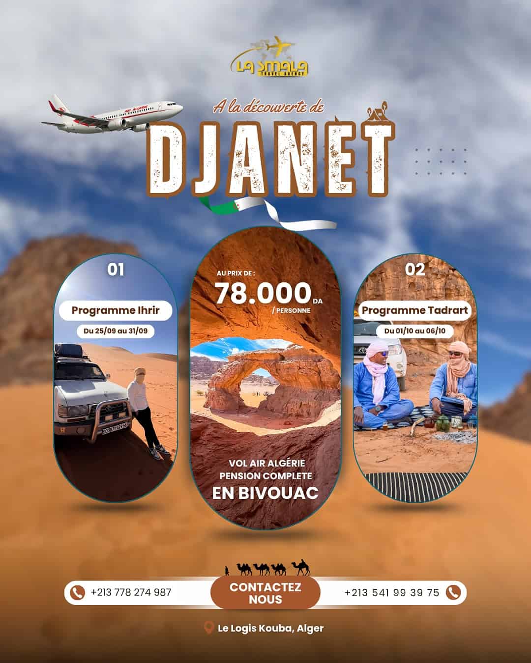 Heading to Djanet with La Smala Travel 🇩🇿 Live the unique adventure of the Algerian Sahara: golden dunes, majestic arches, cave engravings and bivouacs under a starry sky
